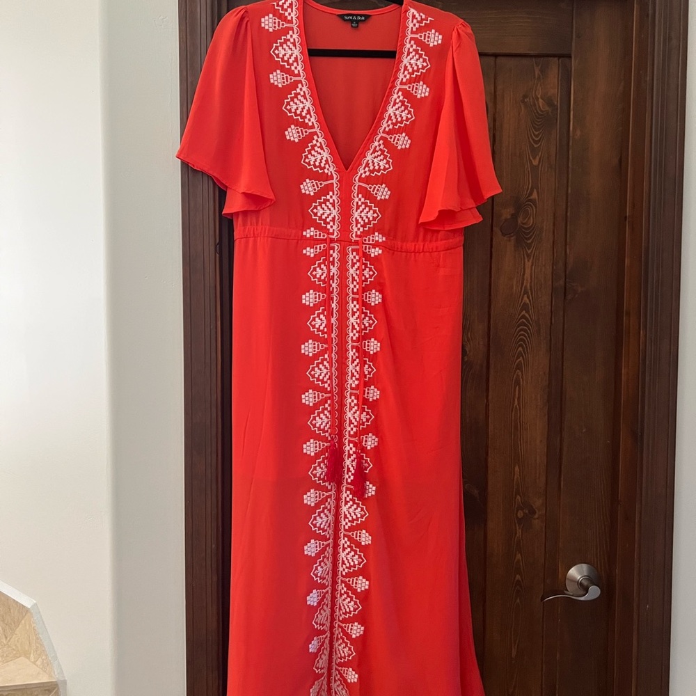 Strut&Bolt caftan in a bright red orange with white embroidered trim, size S